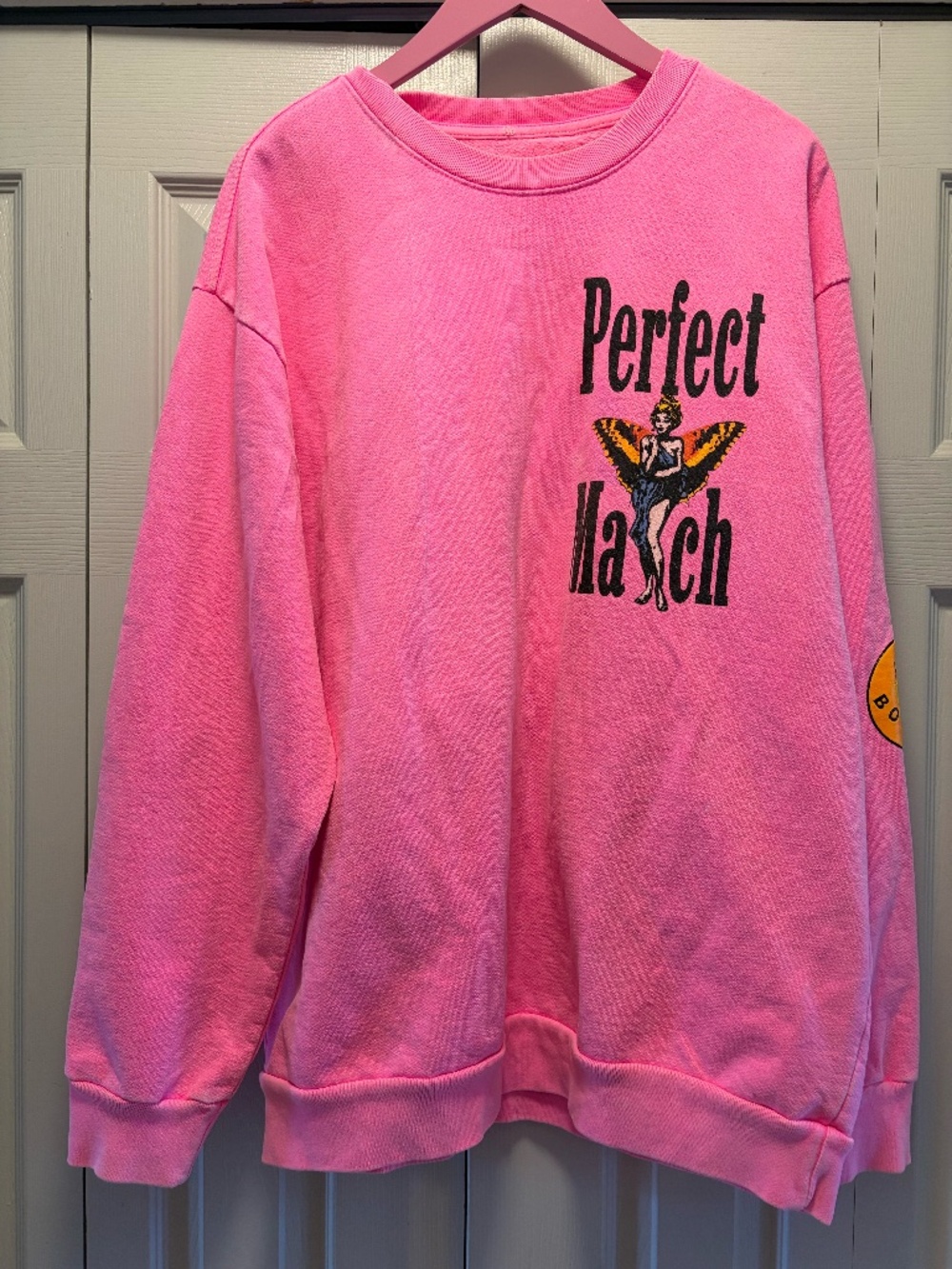 Boys Lie Perfect Match Neon Hot Pink Crew Neck Sweatshirt